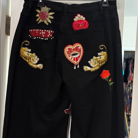 Black Wide-Leg Pants with Embroidered Designs - Picture 5 of 6